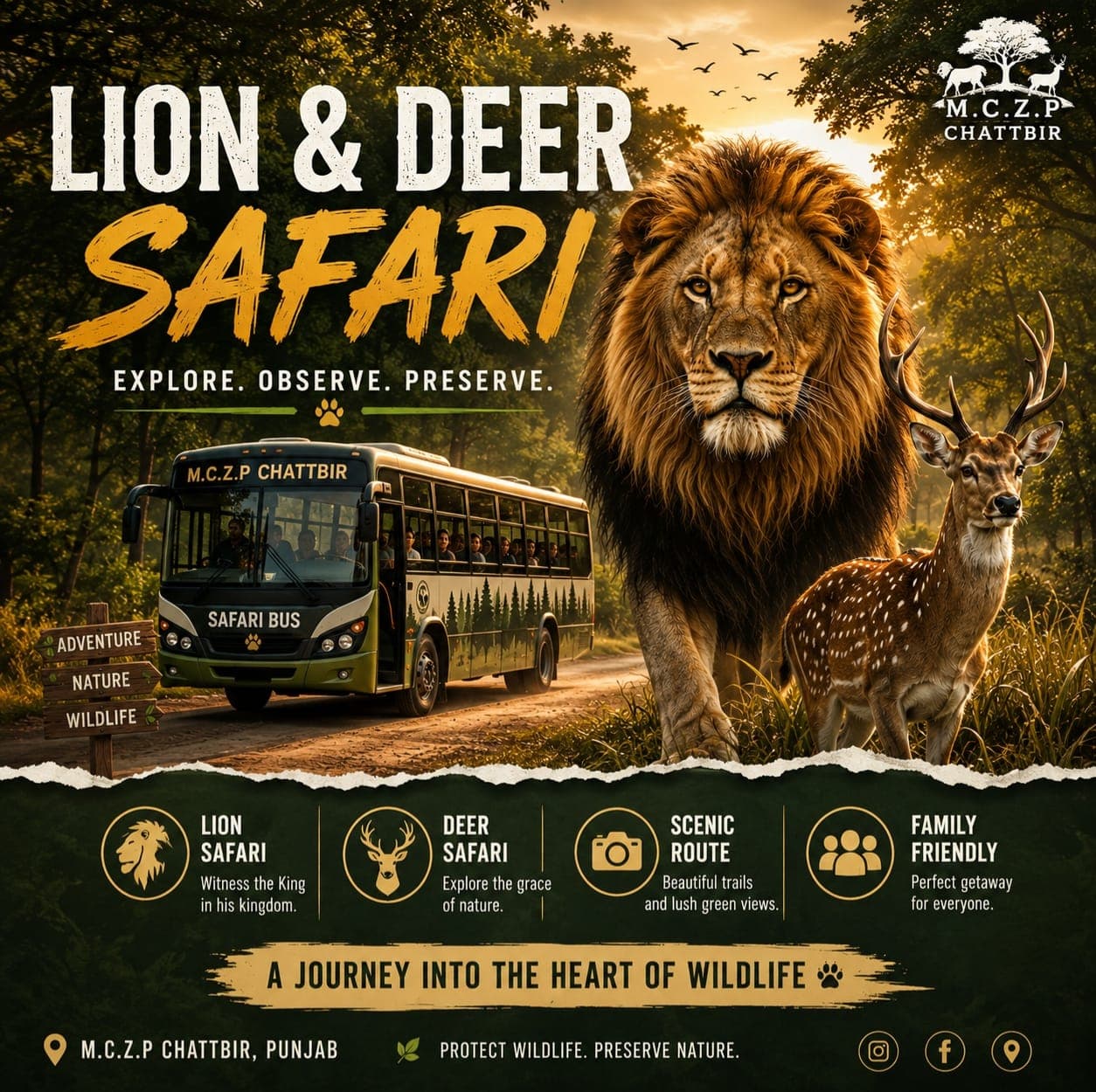 Lion and Deer Safari artwork showing the safari bus, a lion and a deer